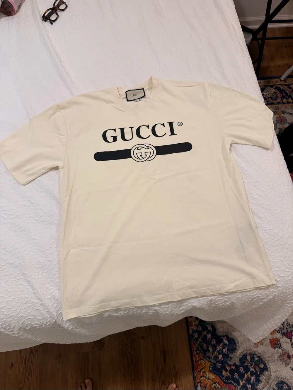 Gucci Cream Short-Sleeve Logo Tee with Black Print